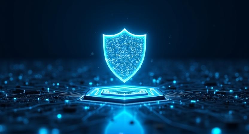 High-tech security shield with data nodes representing safe automation